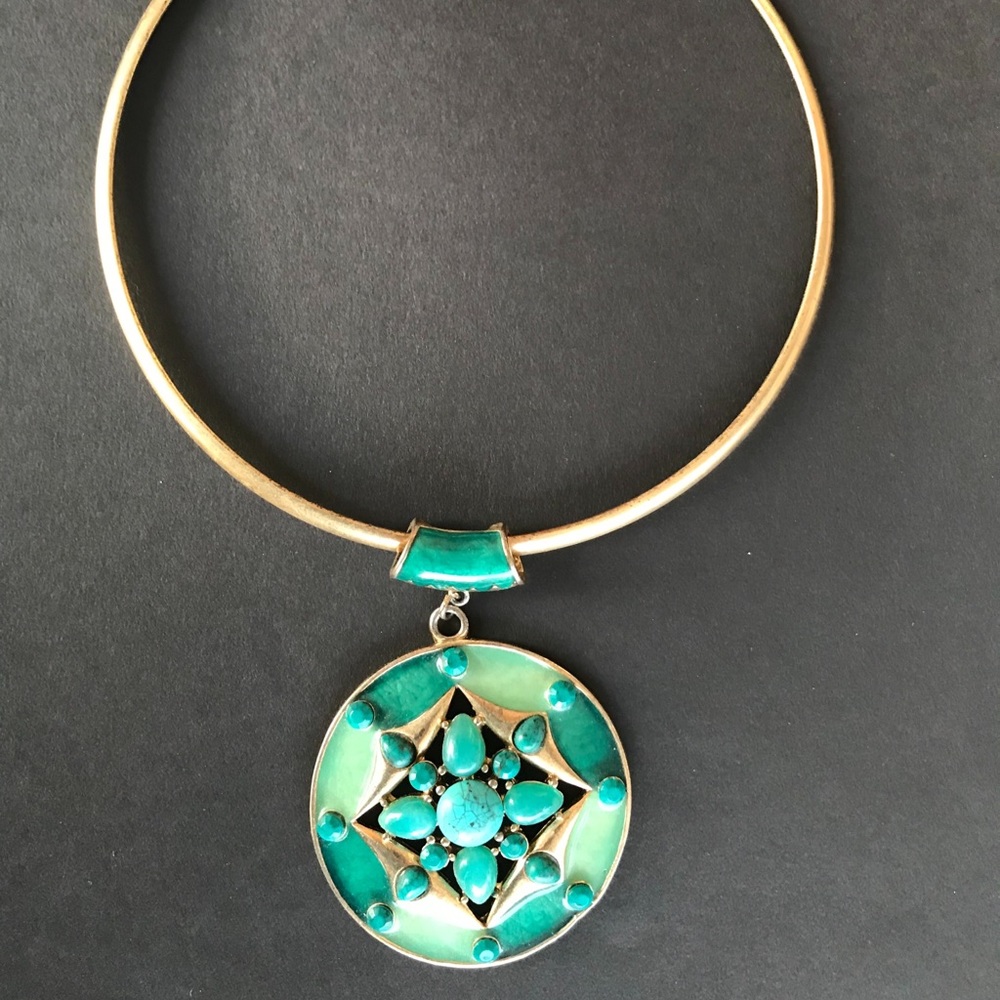 GOLD CHOKER NECKLACE WITH LARGE TURQUOISE PENDANT
